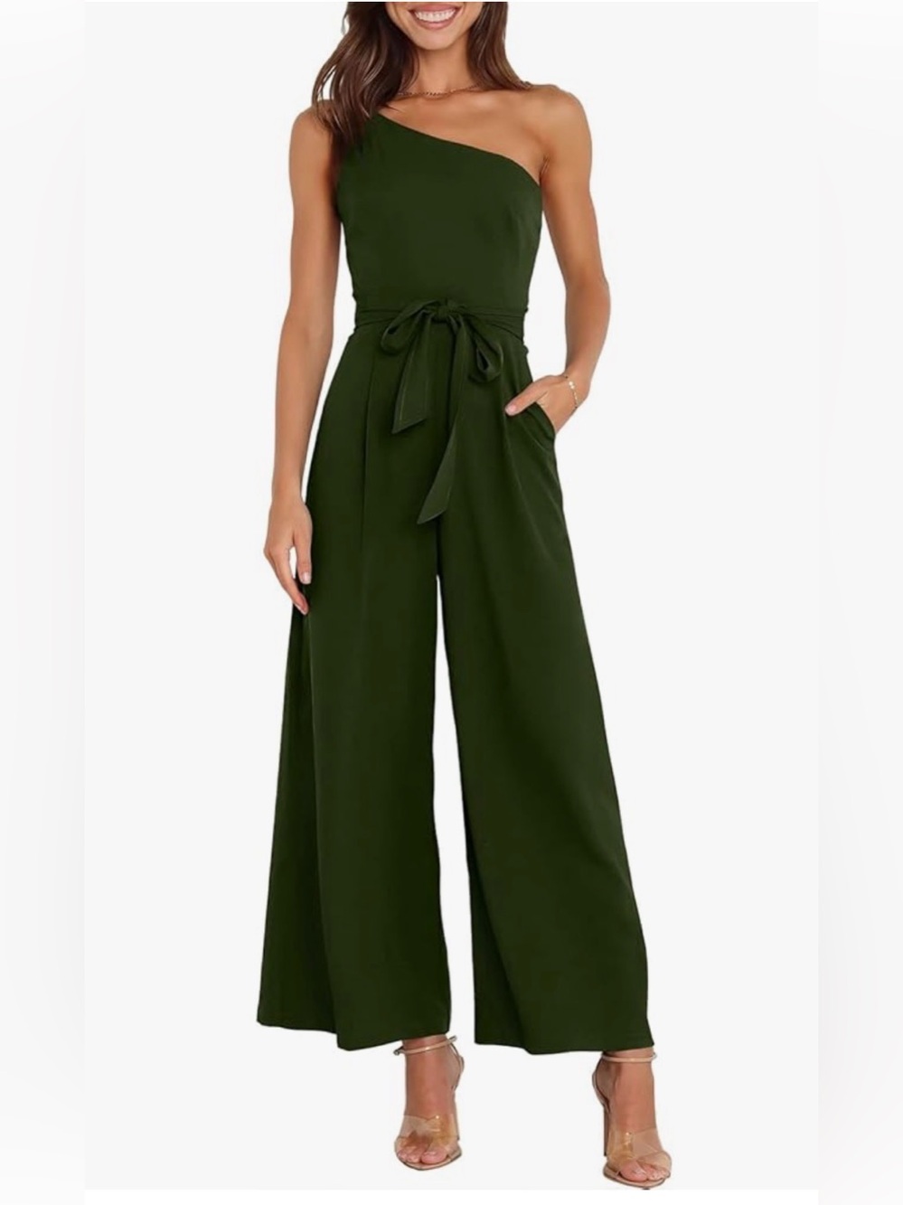 One-Shoulder Army Green Wide-Leg Jumpsuit